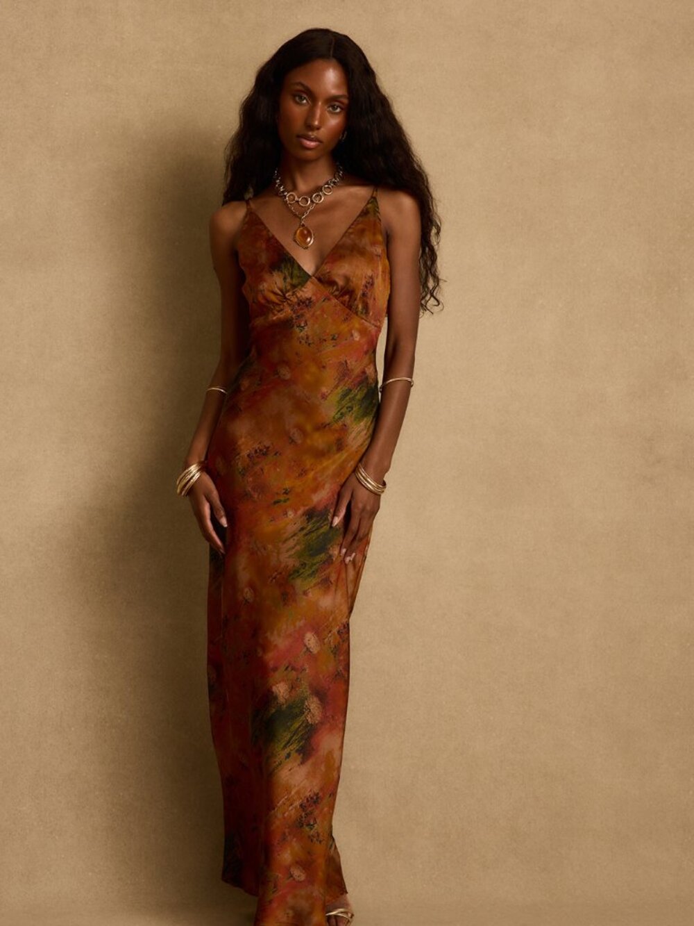 12th Tribe Mirabella Rust Printed Satin Maxi Dress Size MM - Picture 3 of 6